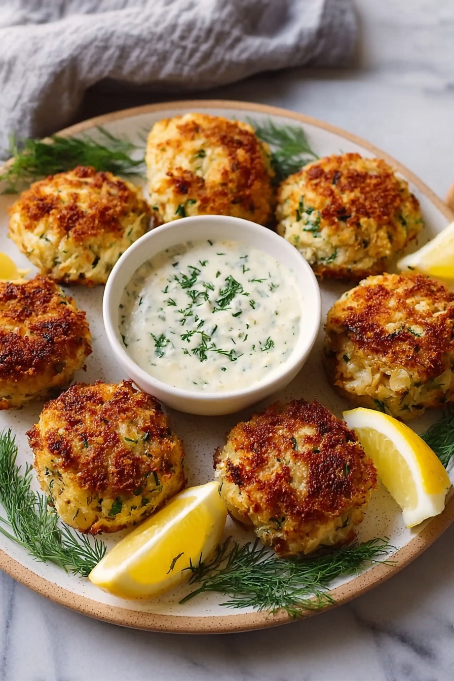 A plate of crab cake bites with a bowl of lemon dill sauce.