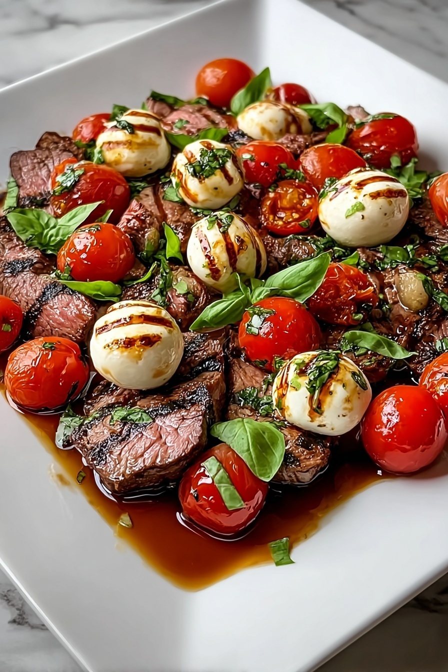 A plate of steak with tomatoes and cheese.