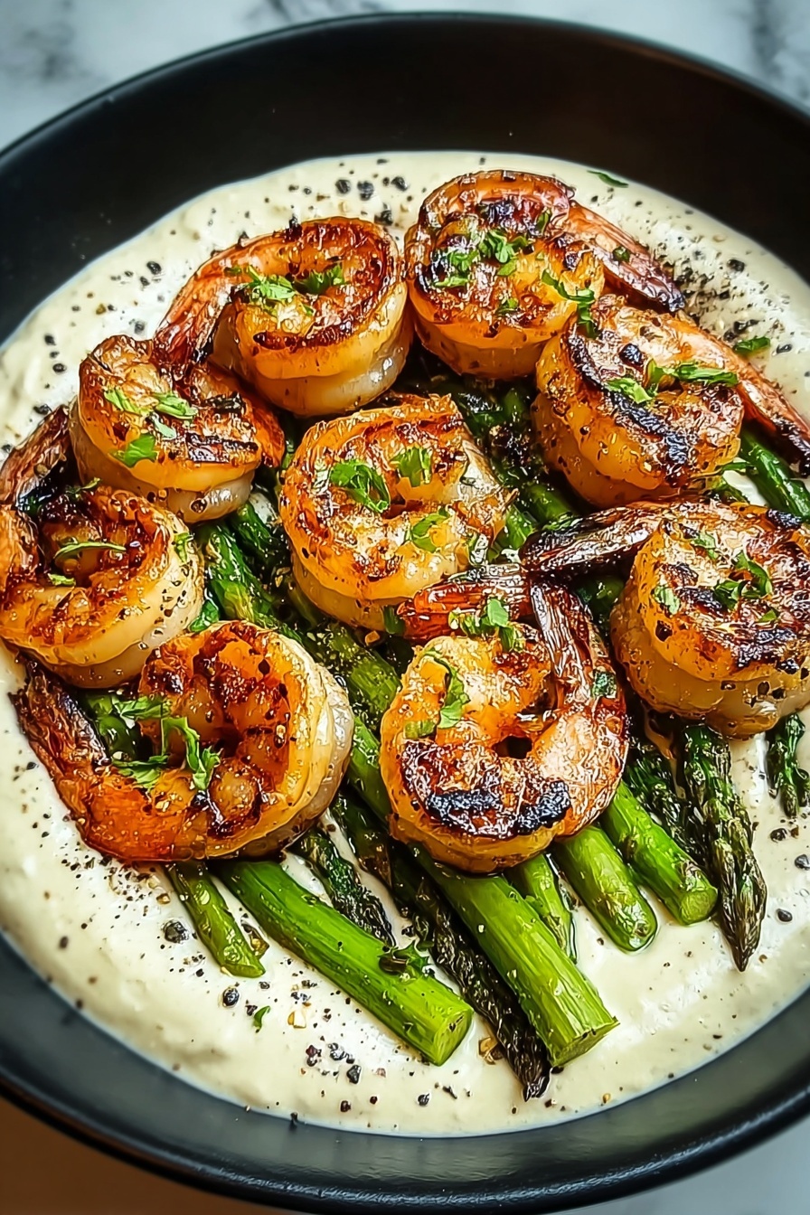 A plate of shrimp and asparagus.