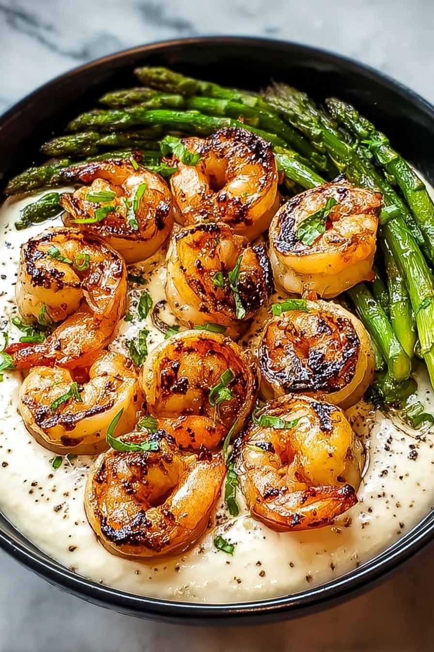 A bowl of shrimp and asparagus.
