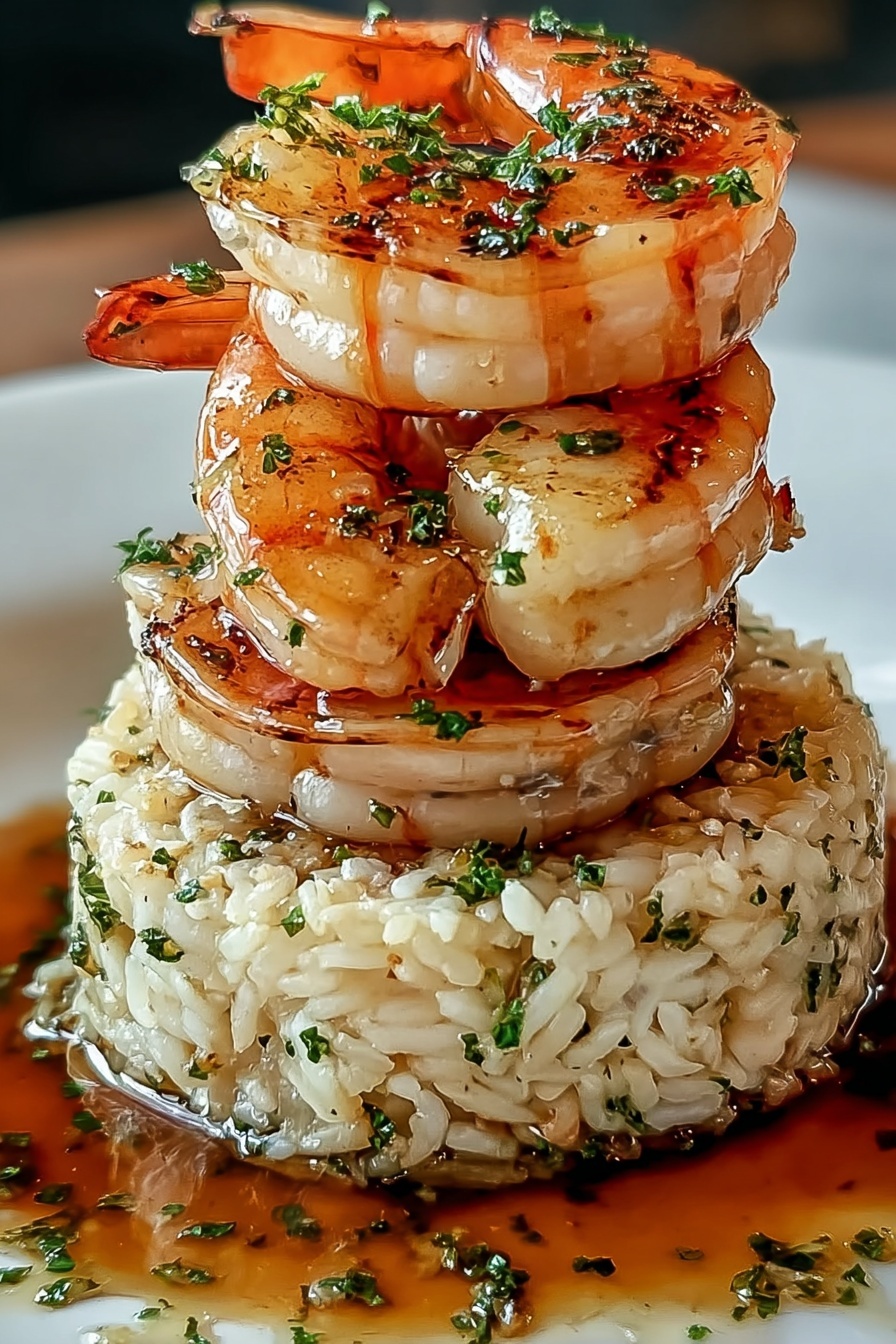 A stack of shrimp with garlic butter and rice.
