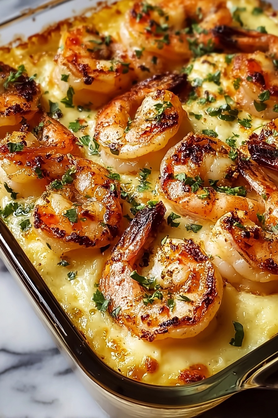 A dish with shrimp and cheese.