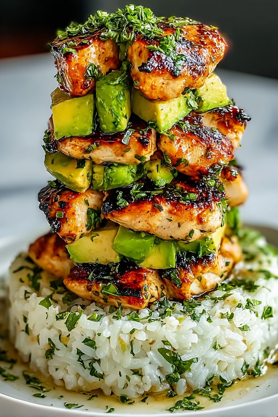 A stack of chicken and avocado.