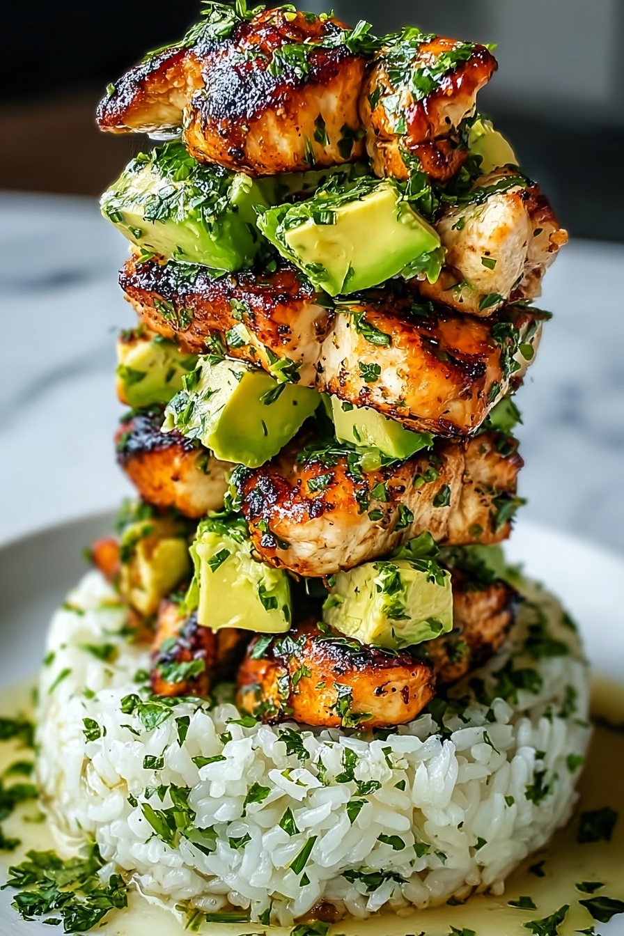 A stack of chicken and avocado.