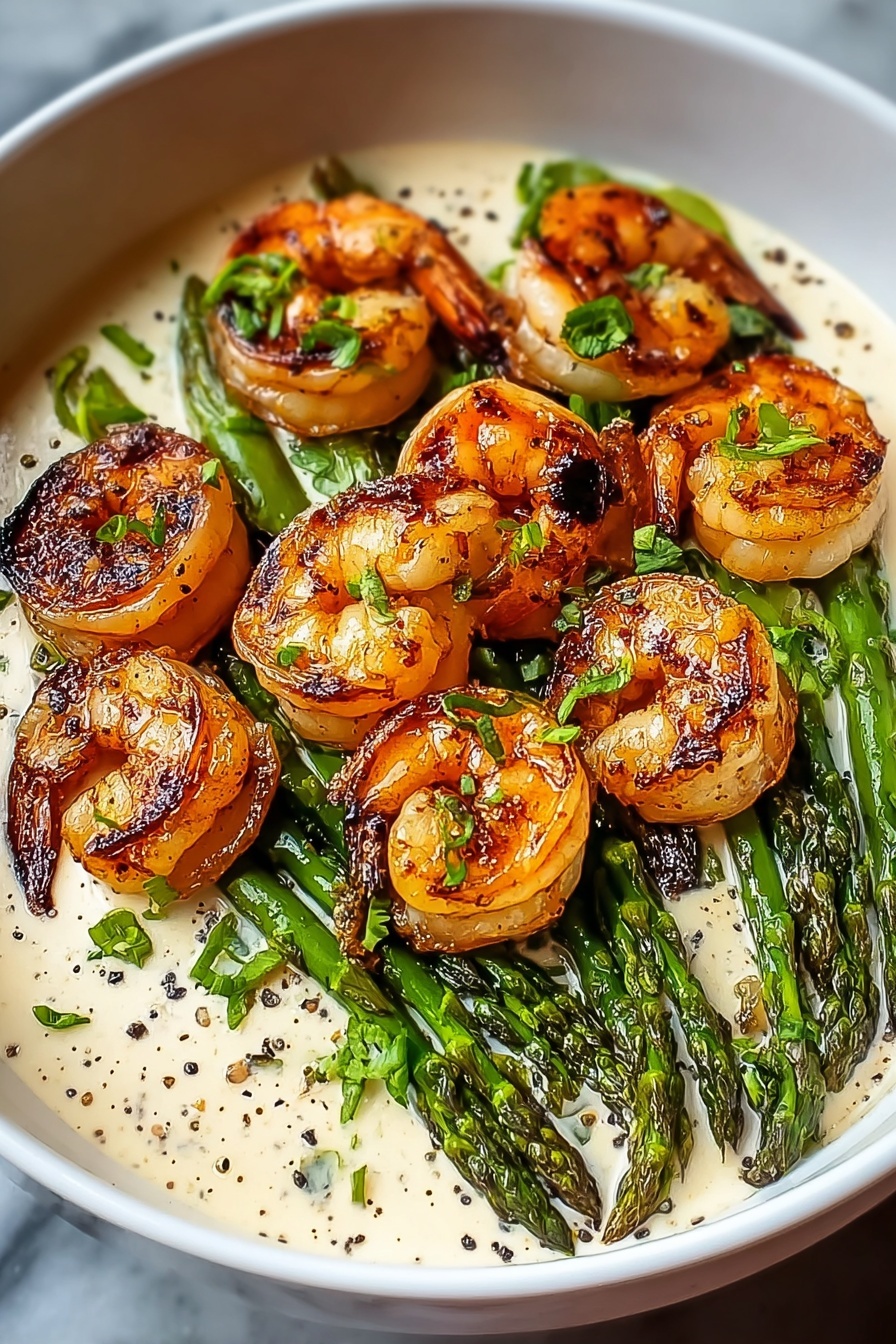 A plate of shrimp and asparagus.