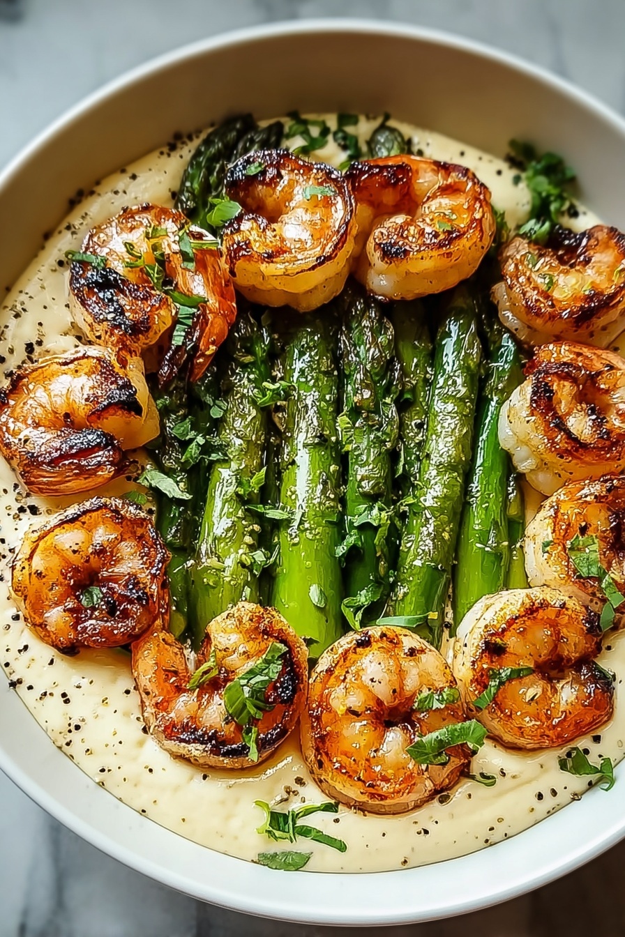 A bowl of shrimp and asparagus.