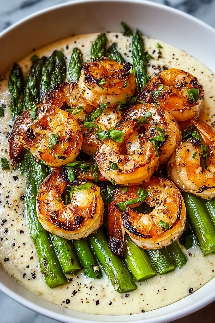 Shrimp and asparagus in a bowl.