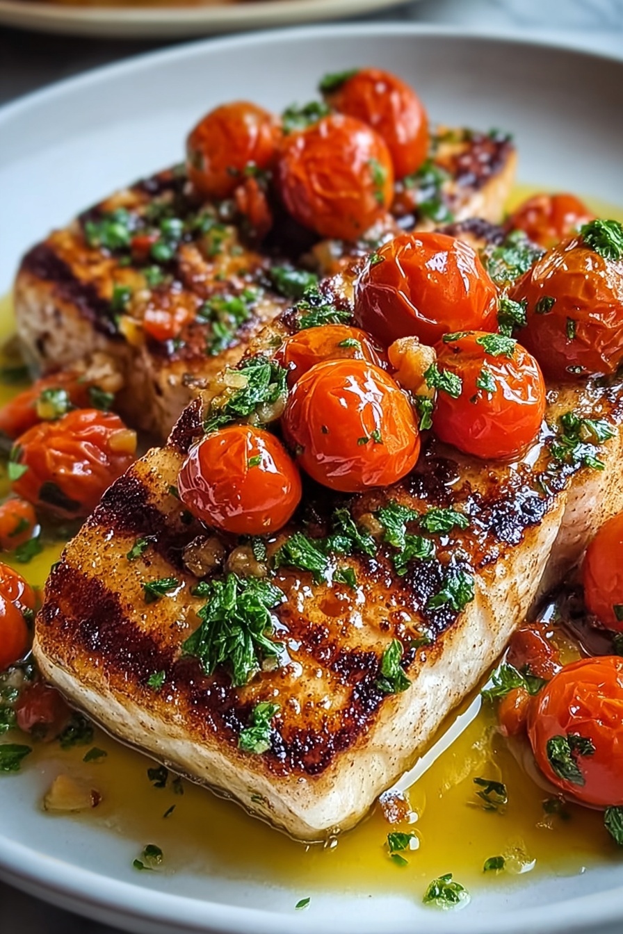 A piece of grilled salmon with tomatoes and herbs.