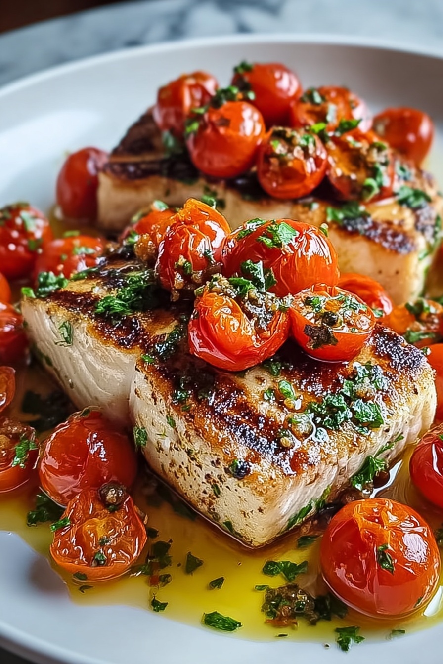 A plate of Mediterranean Salmon with tomatoes and herbs.
