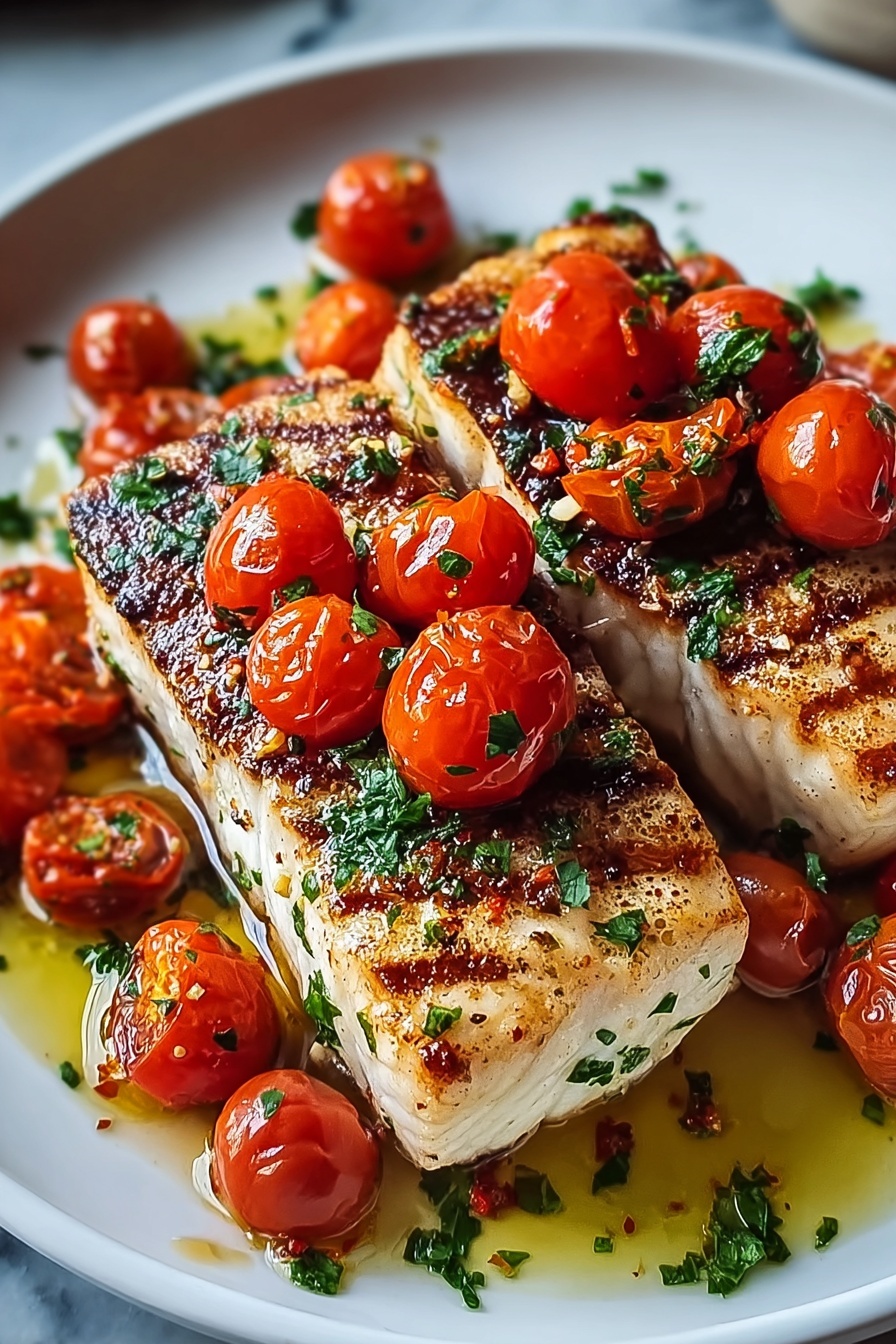 A plate of Mediterranean Salmon with tomatoes and herbs.
