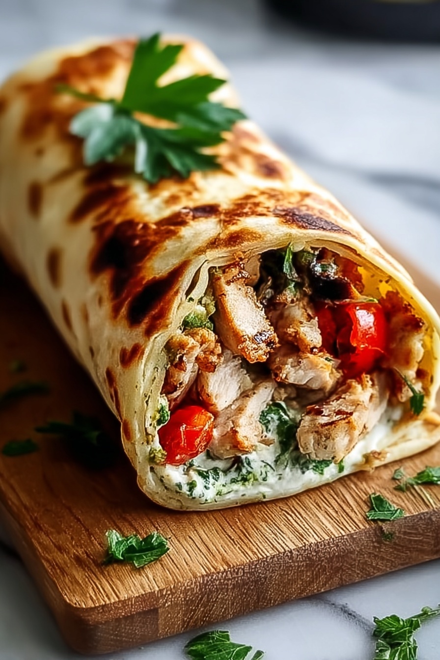 A wrap filled with chicken and vegetables.