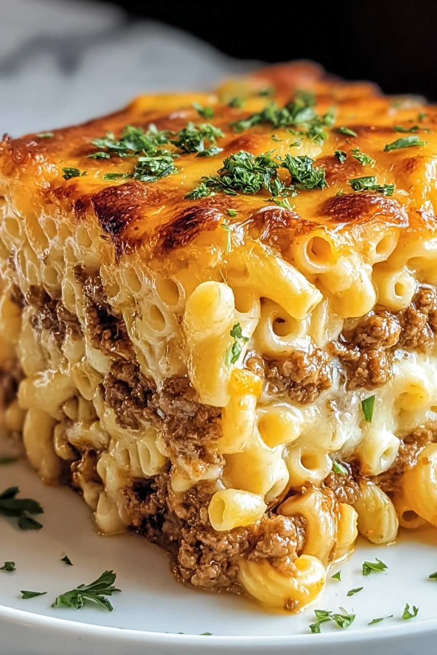 A close up of a mac and cheese meatloaf casserole.