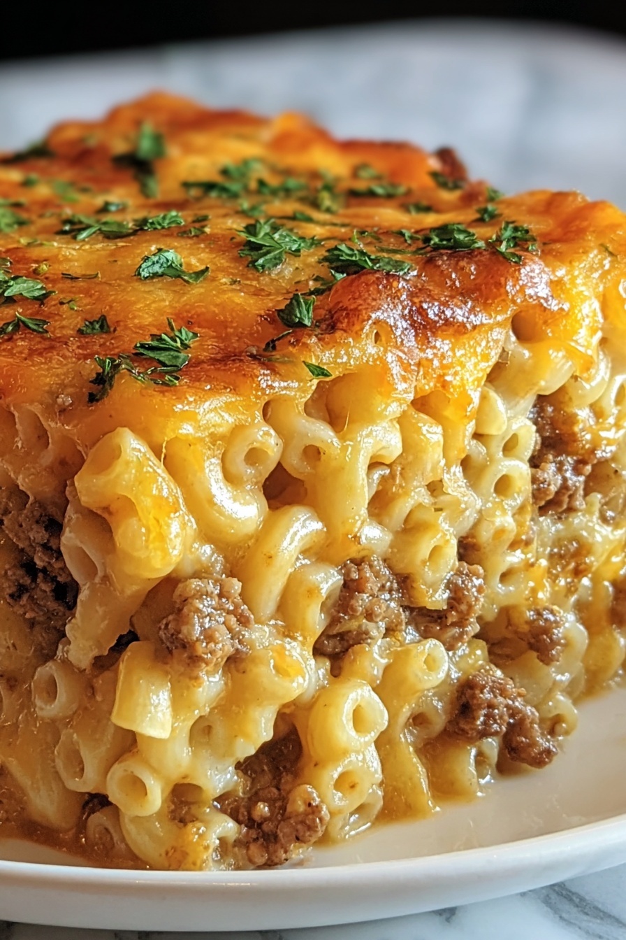 A close up of a mac and cheese meatloaf casserole.