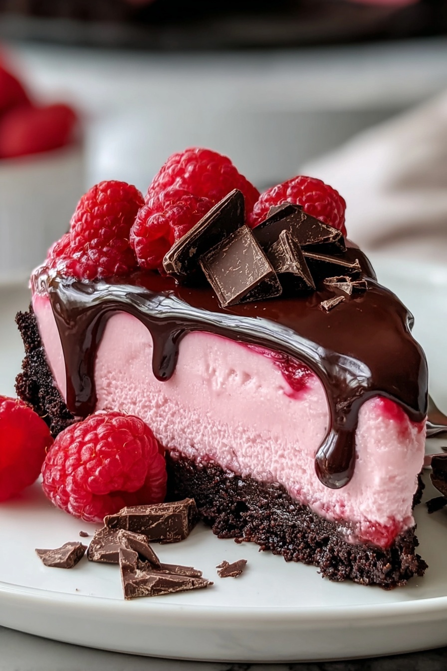 A slice of dark chocolate raspberry cheesecake.
