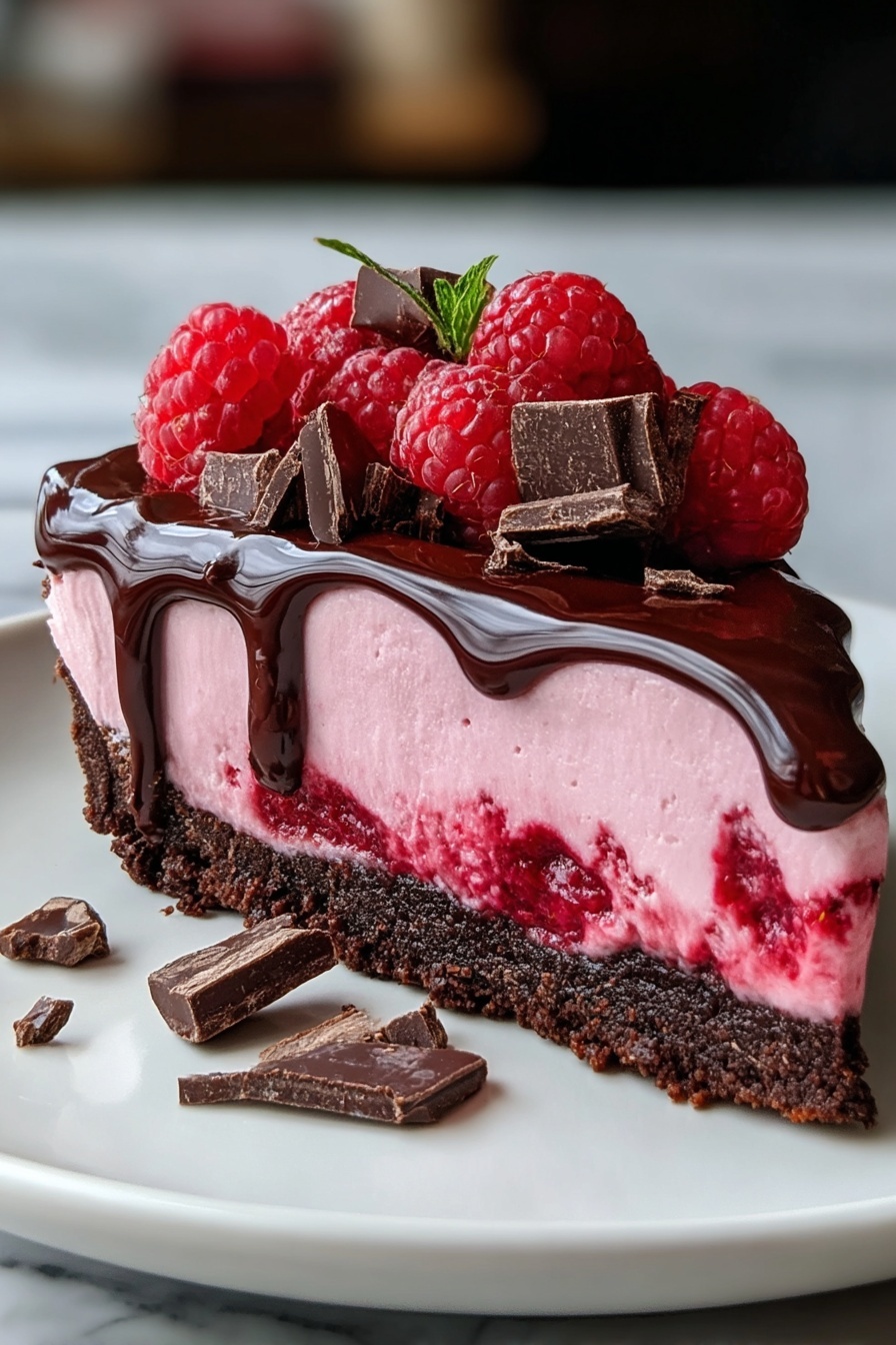 A slice of dark chocolate raspberry cheesecake.