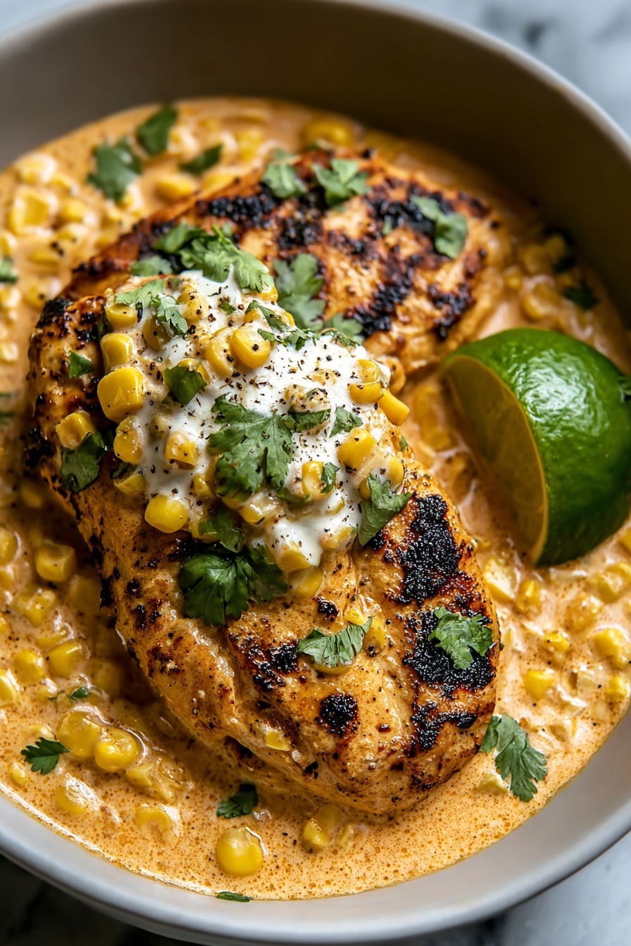 A close up of a piece of chicken with corn on the cob and lime.