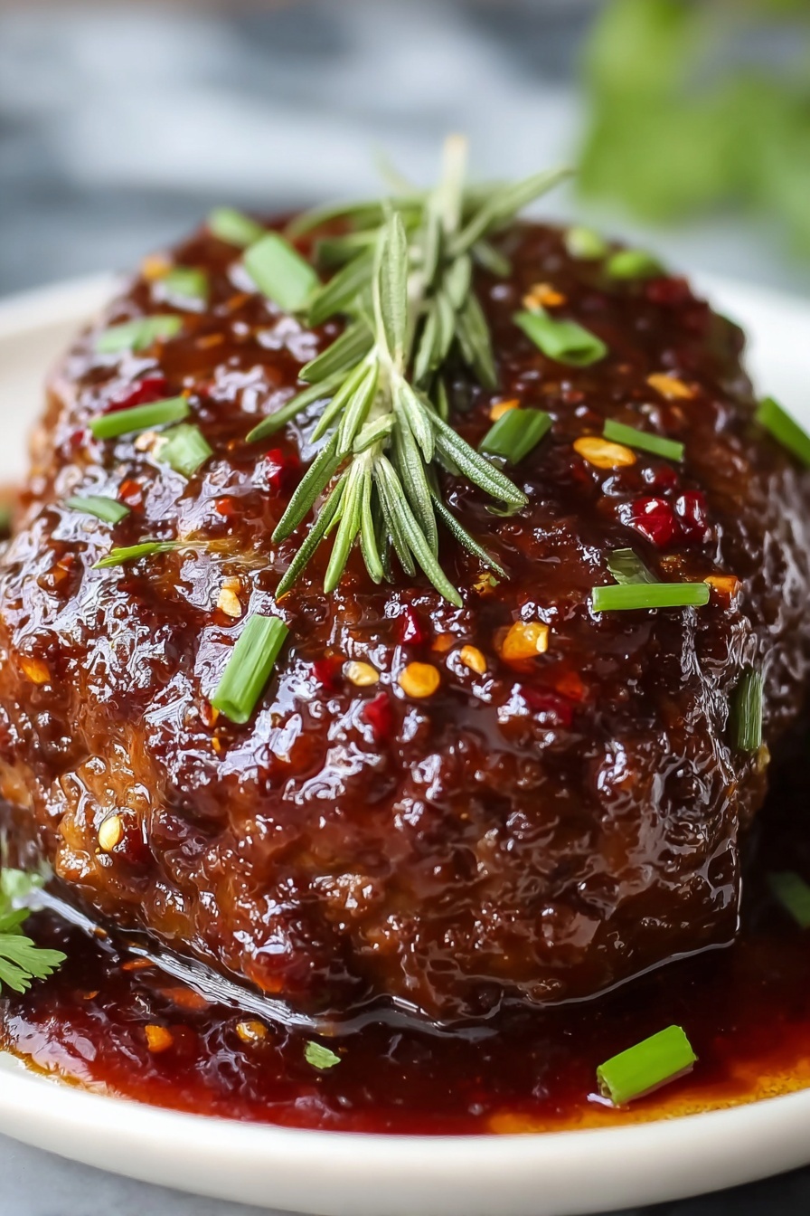 A close up of a piece of meat with a spicy sauce on top.