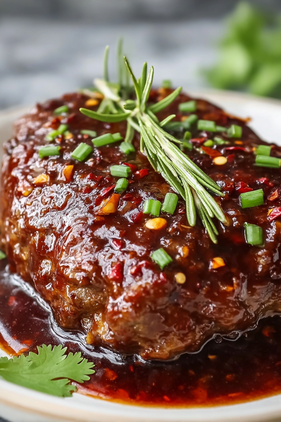 A piece of meat with a sprig of parsley on top.