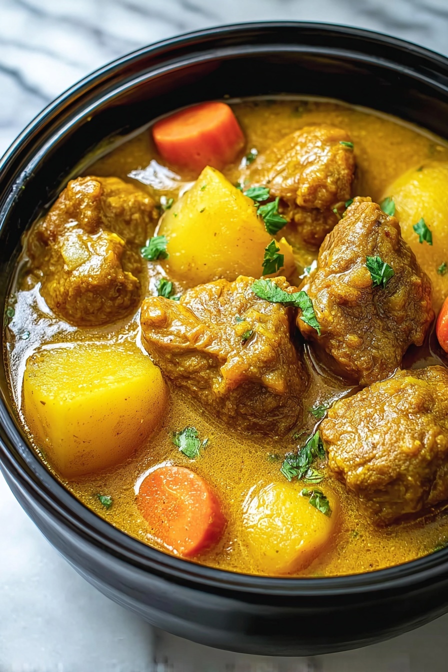 A bowl of meat and vegetables, including carrots, in a spicy sauce.