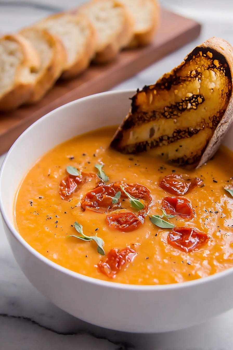 A bowl of soup with a slice of bread on top.
