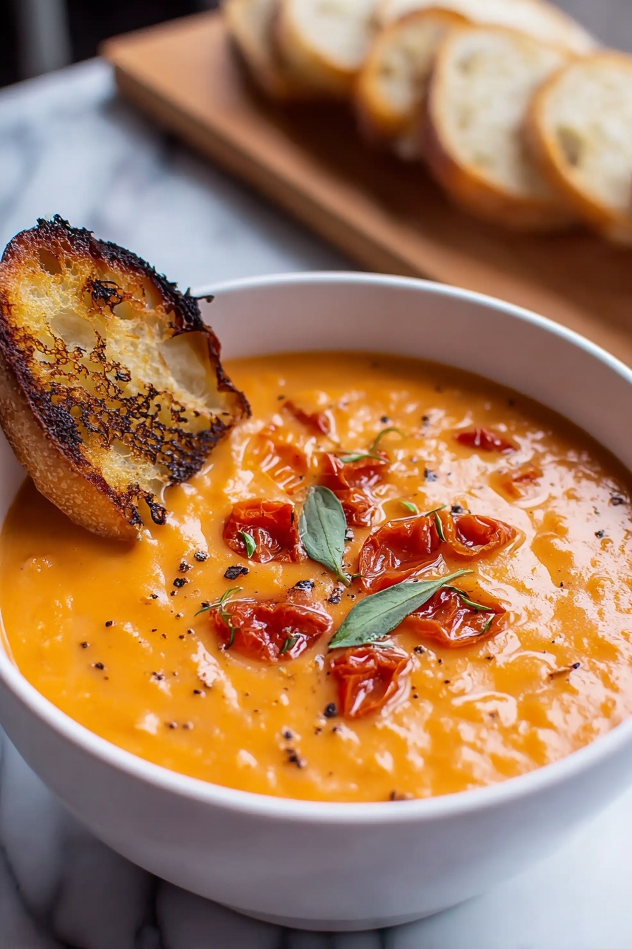 A bowl of soup with a slice of bread on top.