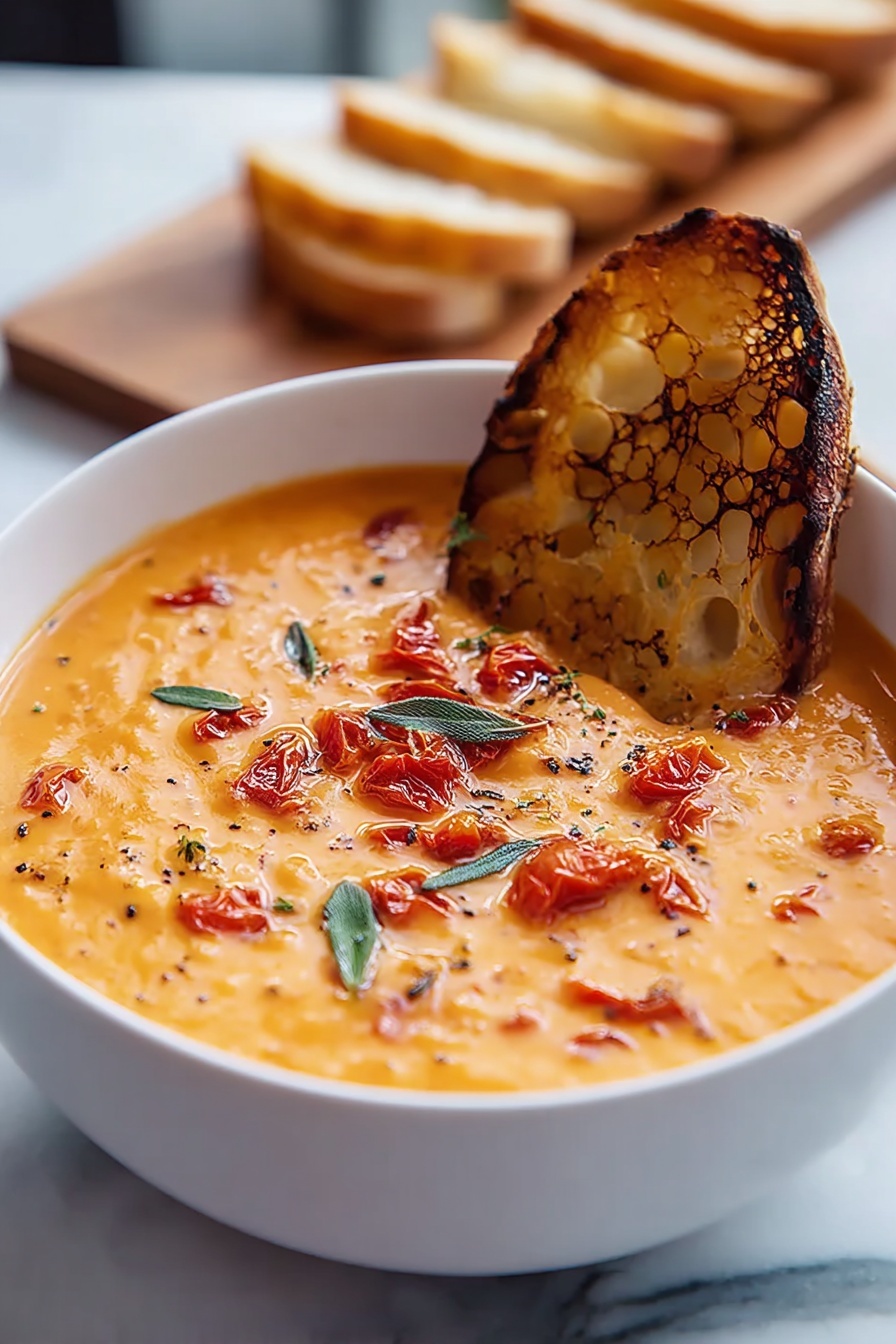 A bowl of soup with a slice of bread on top.