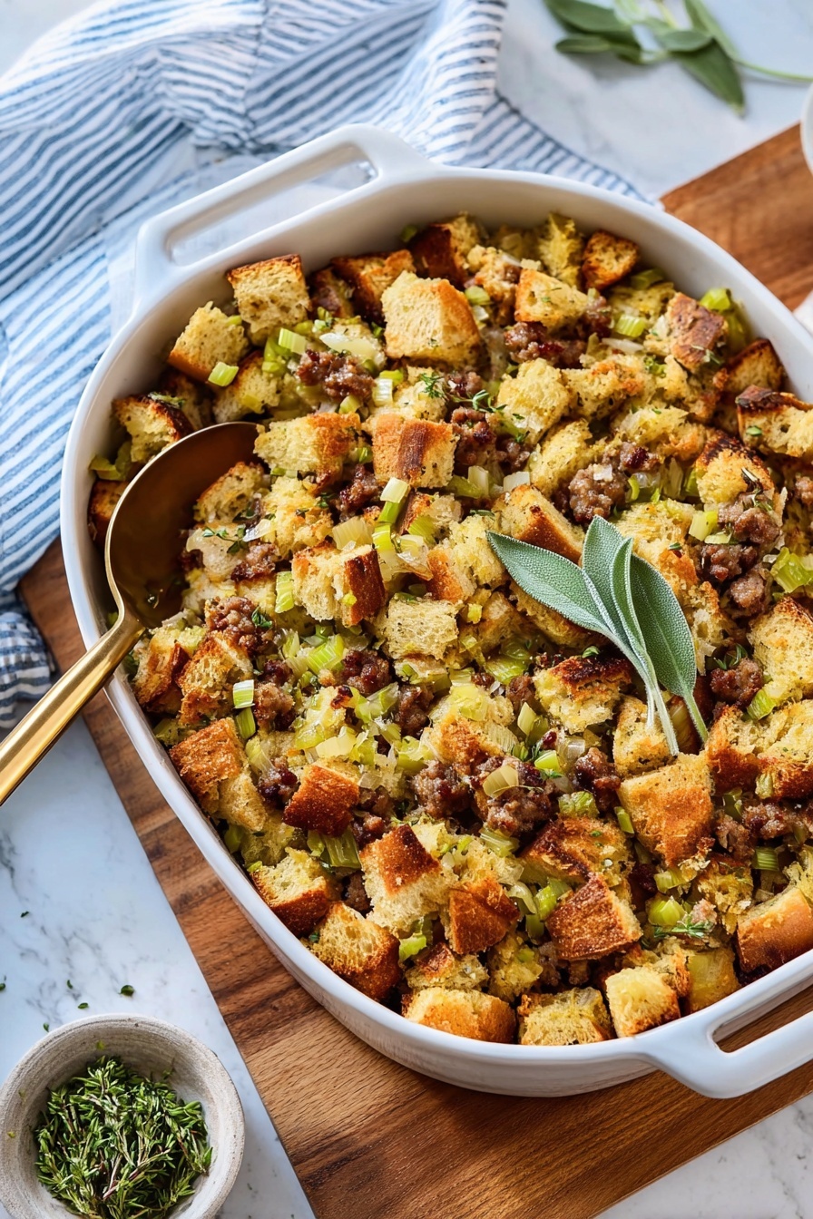 A white bowl filled with sausage and herb stuffing.