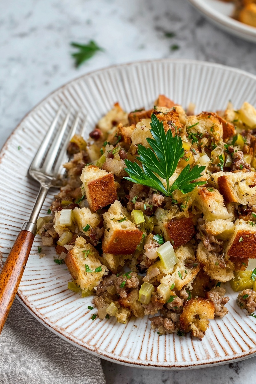 A plate of sausage and herb stuffing.