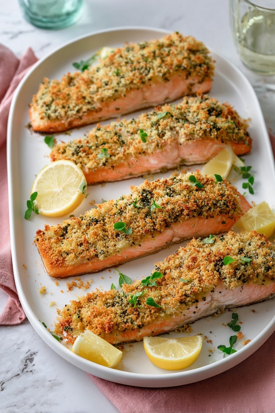 A plate of crispy panko crusted salmon.