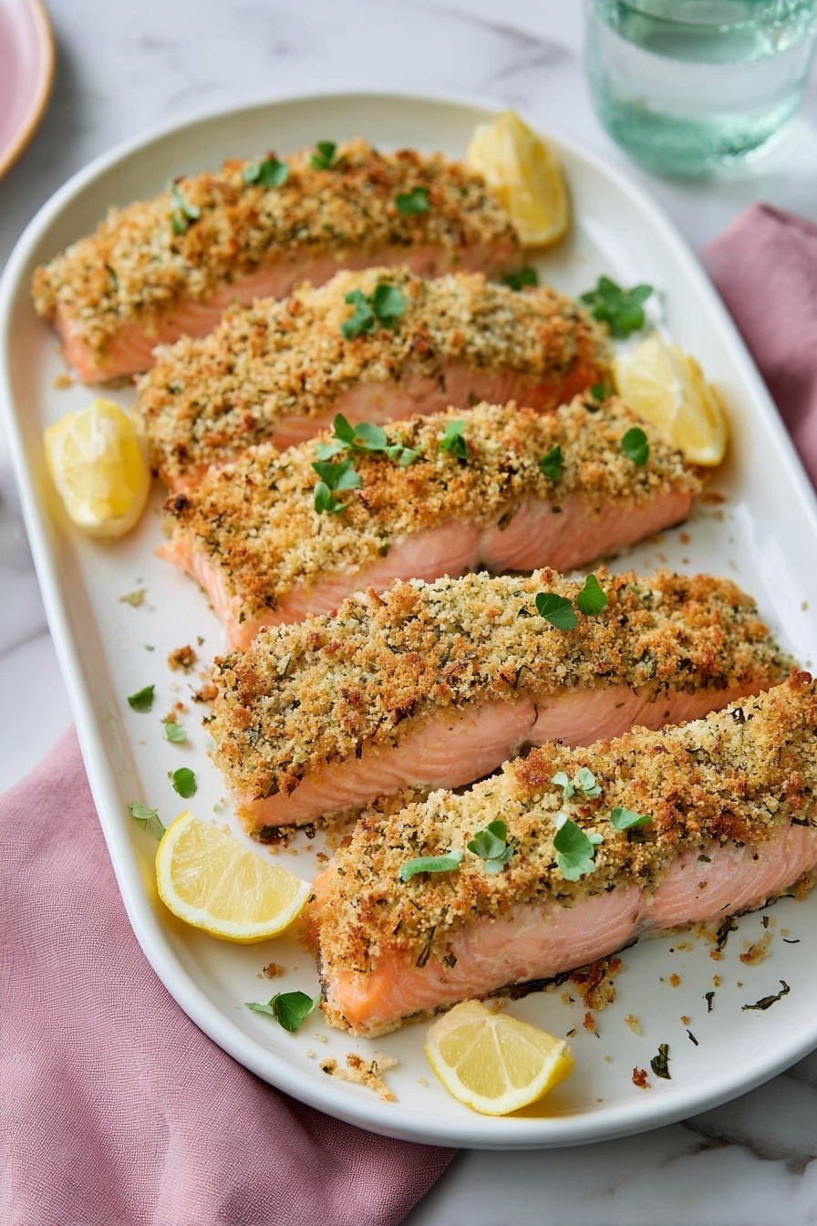 A plate of crispy panko crusted salmon.