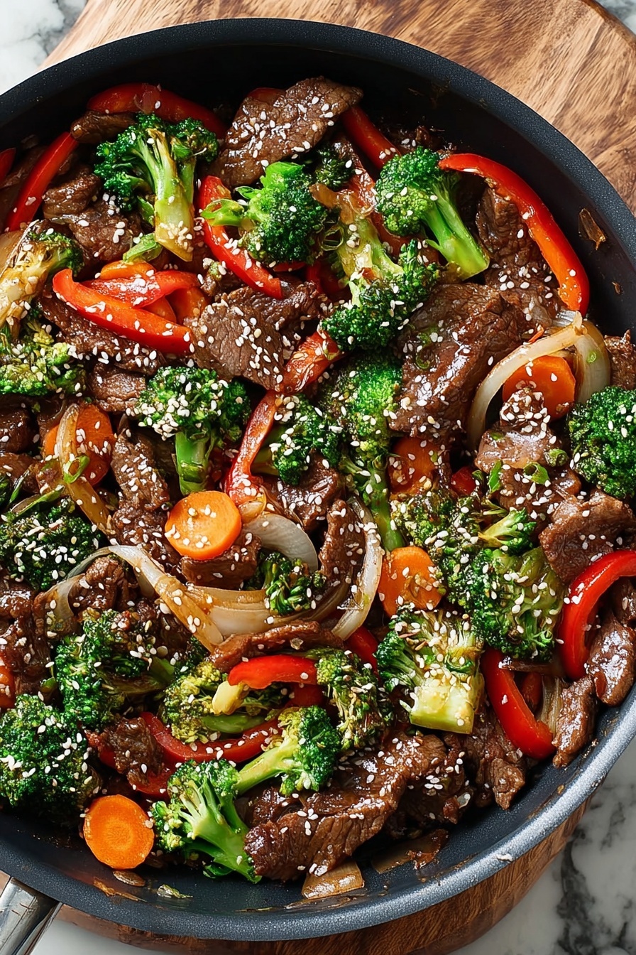 A dish of beef and broccoli with a variety of vegetables.