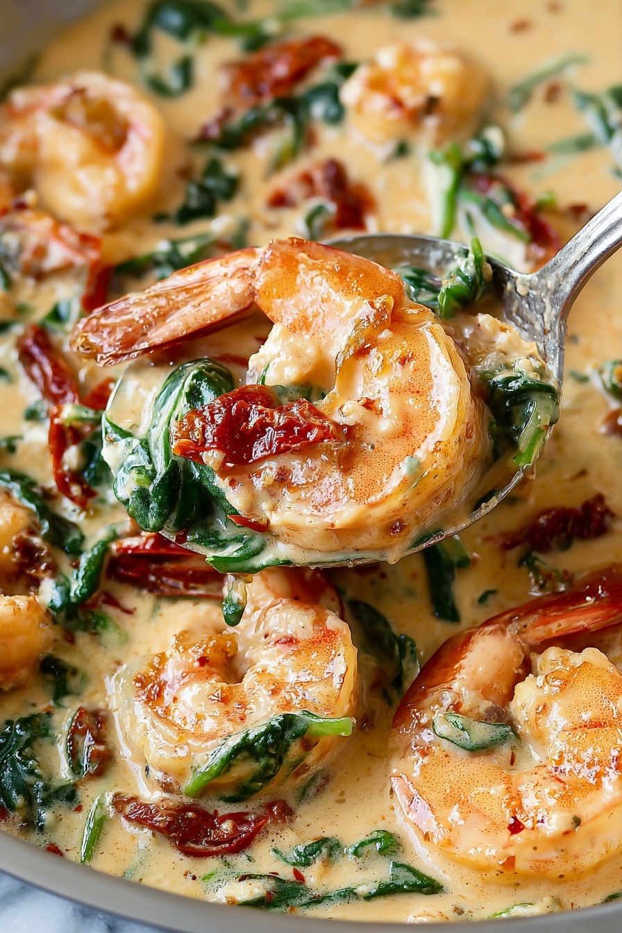 A spoonful of creamy Tuscan shrimp.