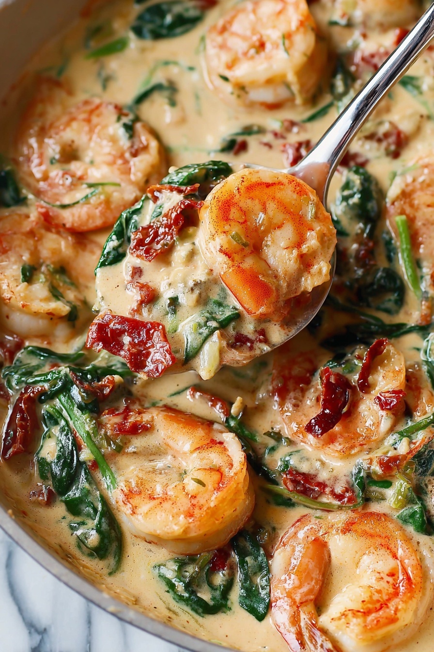 A spoon is in a bowl of creamy Tuscan shrimp.