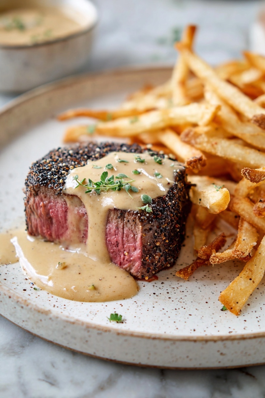 A plate of food with a steak covered in sauce and french fries.