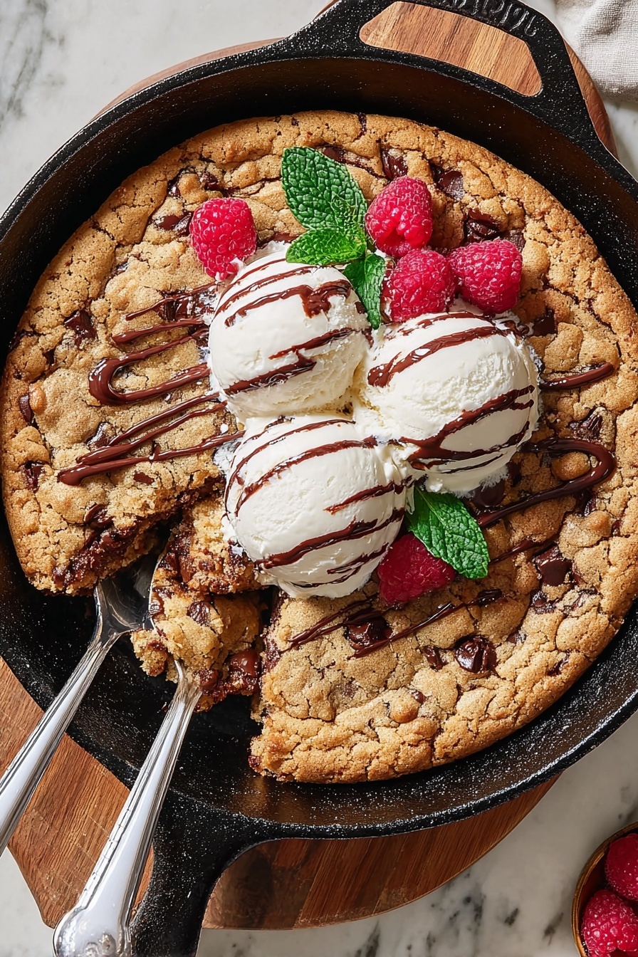A chocolate chip skillet cookie with ice cream and raspberries.