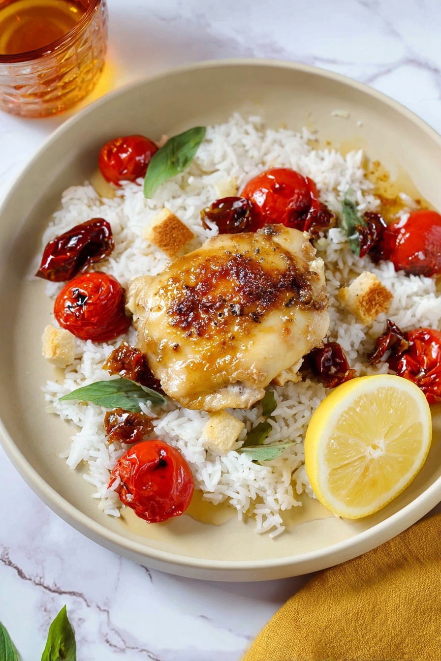 A plate of Greek Lemon Chicken with rice and tomatoes.
