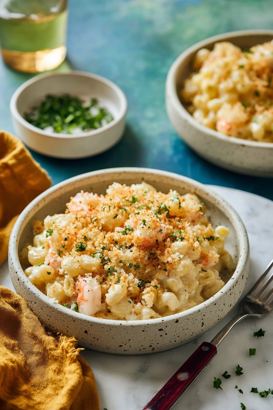 A bowl of macaroni and cheese with shrimp.