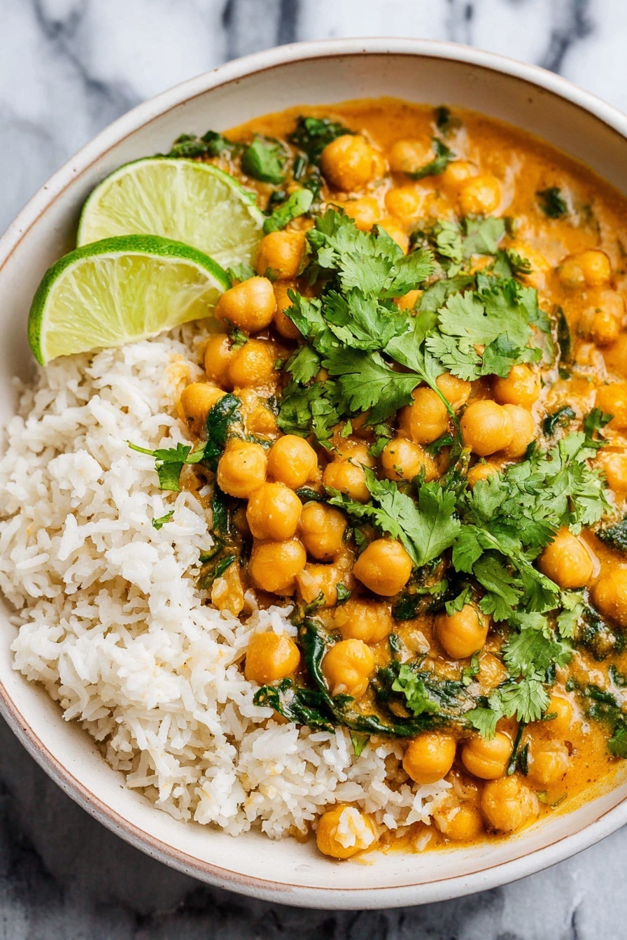 A bowl of chickpea curry in coconut milk.