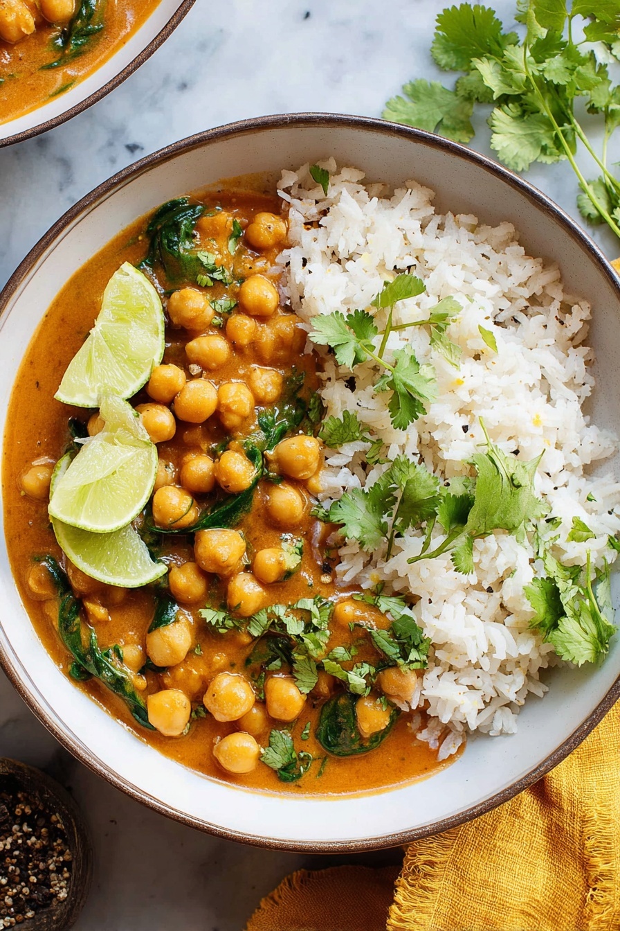 A bowl of chickpea curry in coconut milk.
