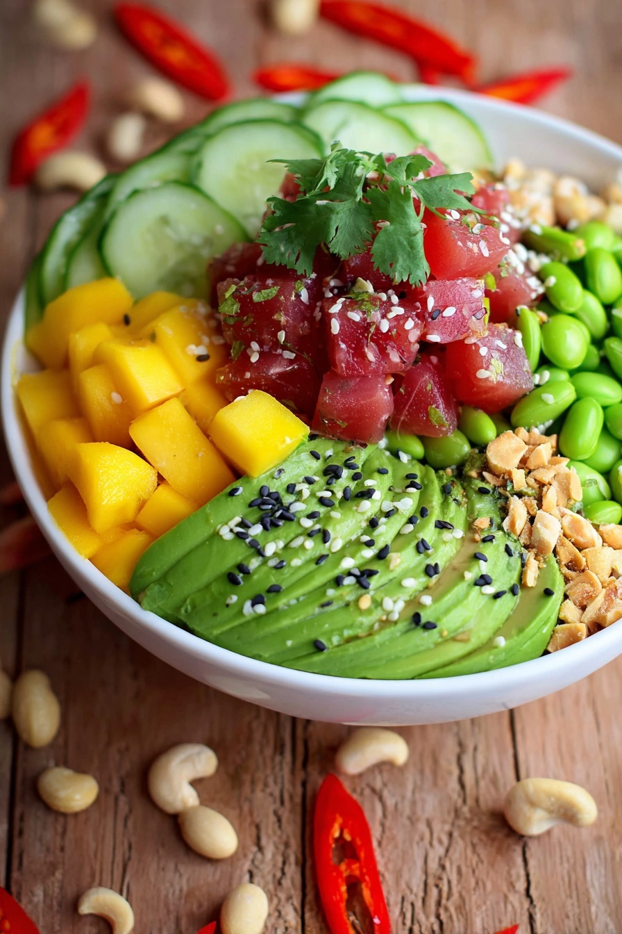 A bowl of food with ahi tuna, avocado, and other ingredients.