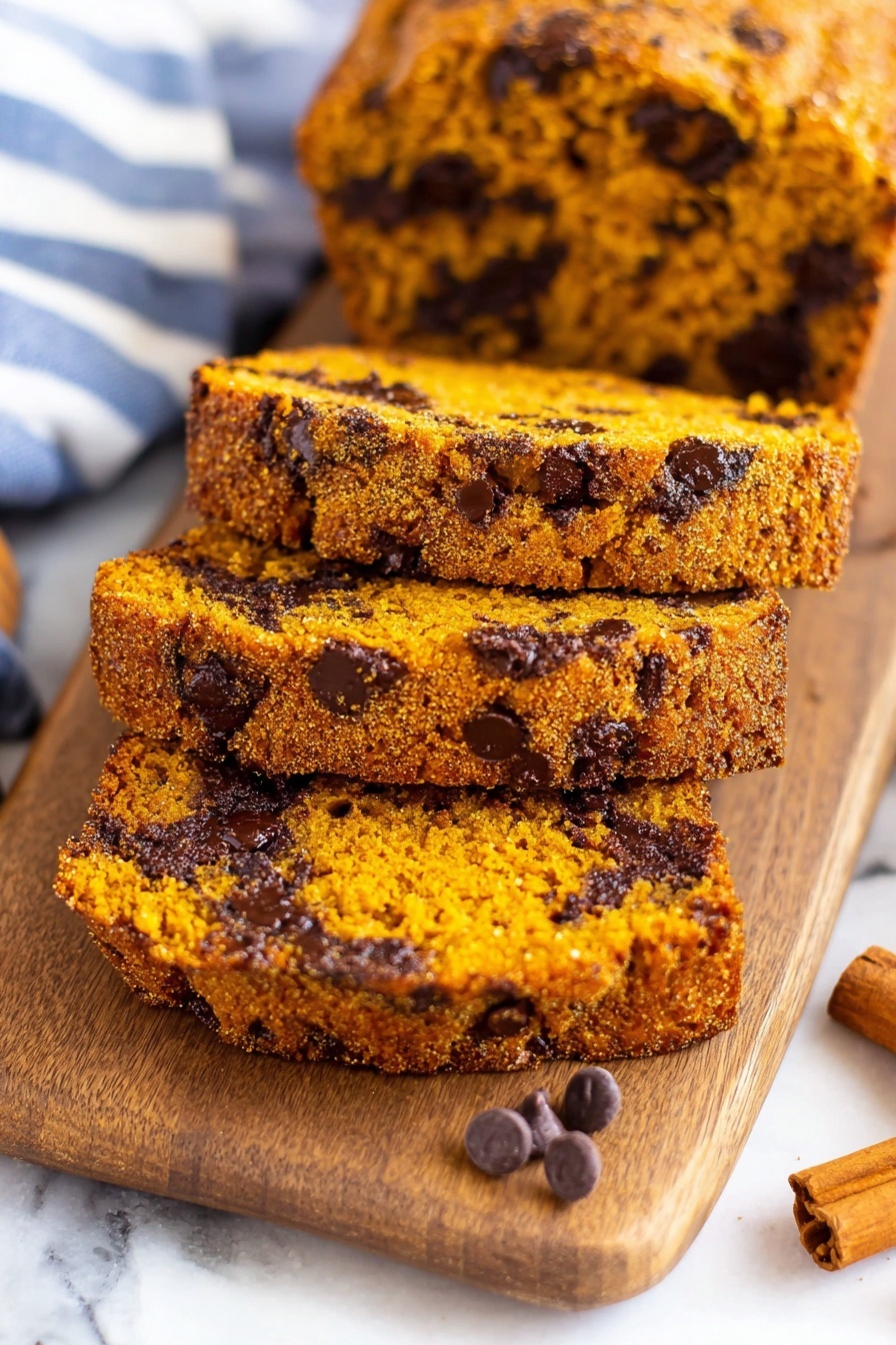 Three slices of chocolate chip pumpkin bread.
