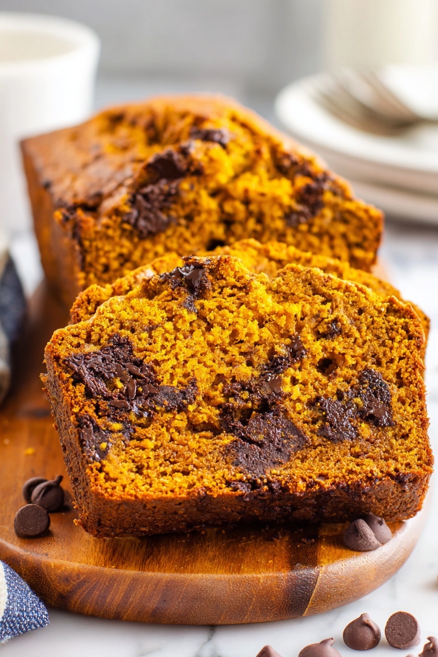 Two slices of chocolate chip pumpkin bread.