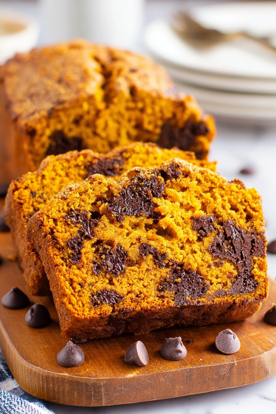 A slice of chocolate chip pumpkin bread.