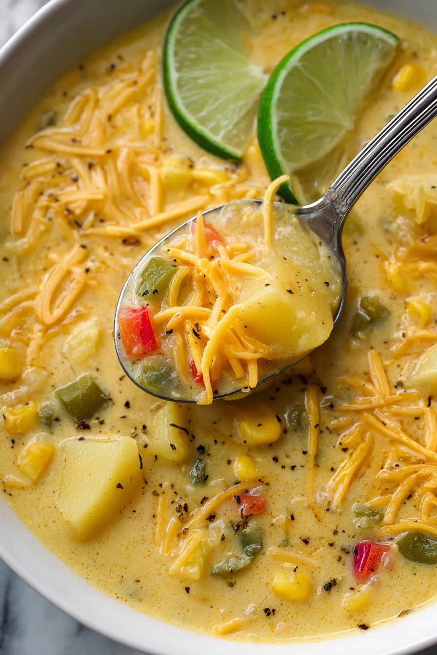 A spoon in a bowl of soup.