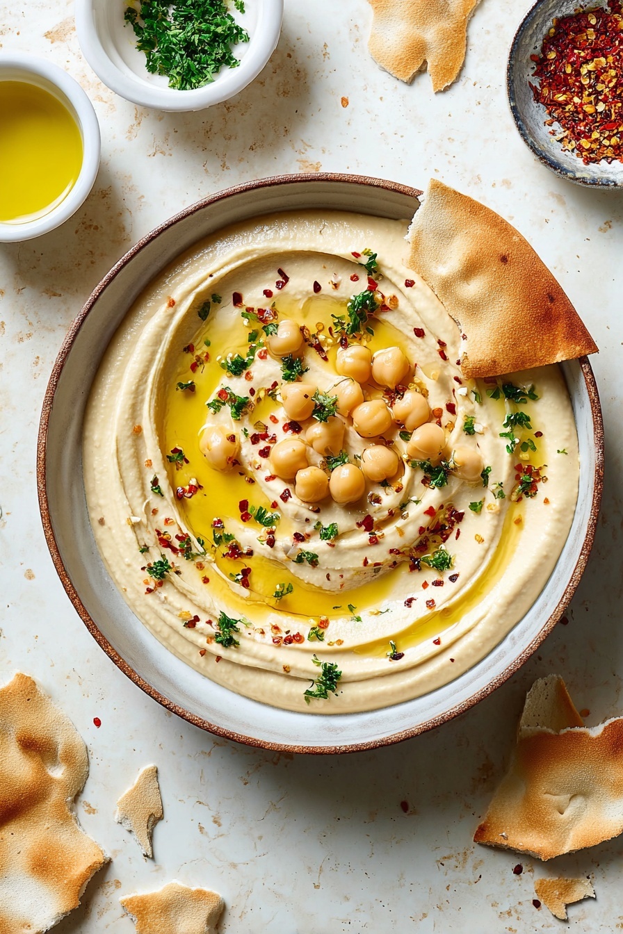 A bowl of homemade hummus with chickpeas and red peppers.