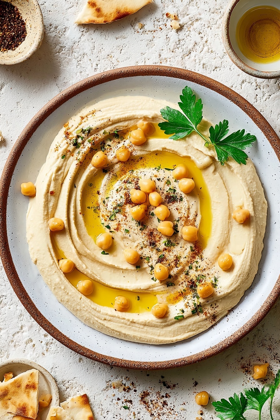 A plate of homemade hummus with chickpeas and spices.