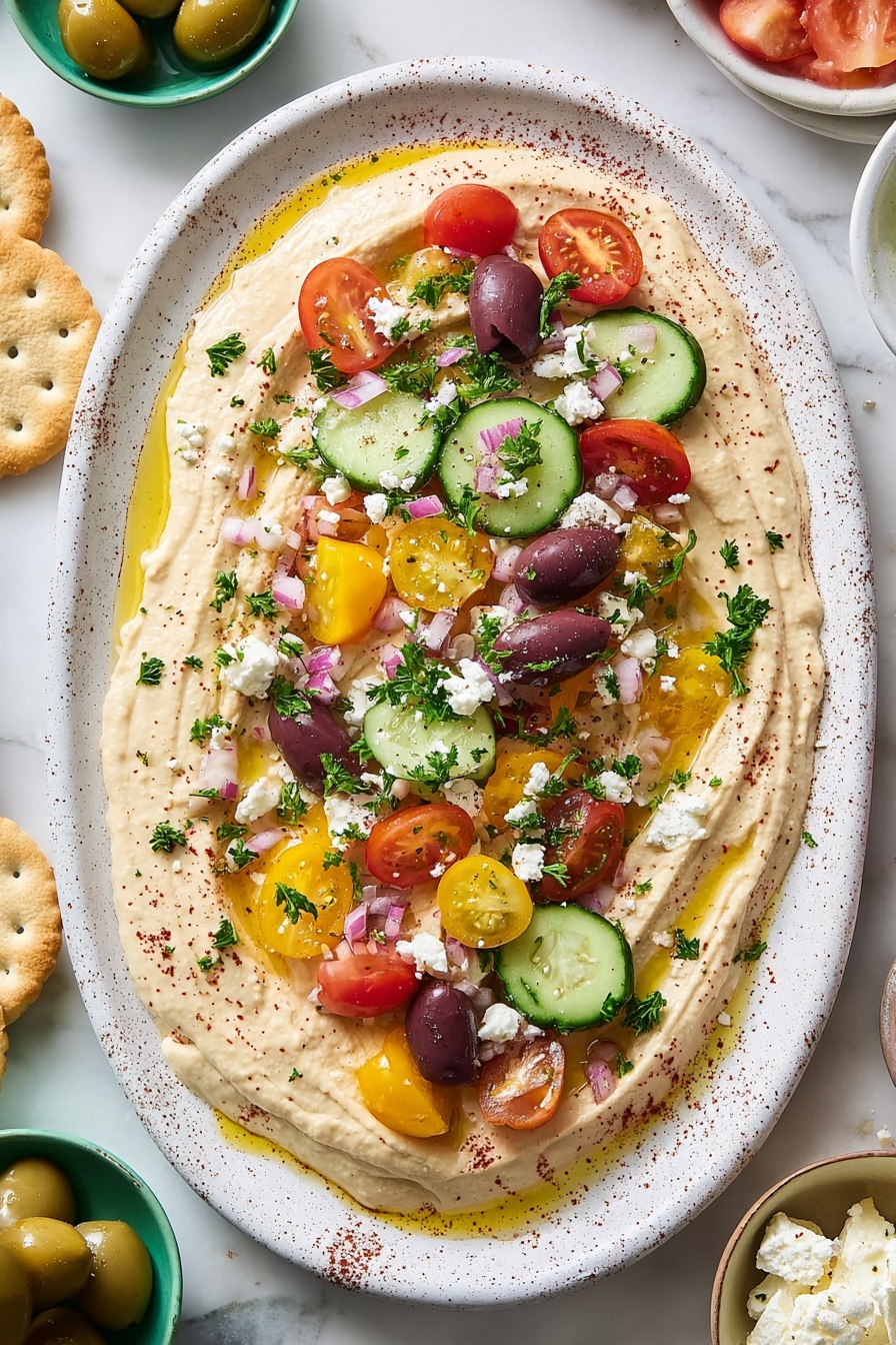 A loaded hummus dip with tomatoes, cucumbers, olives, and feta cheese.