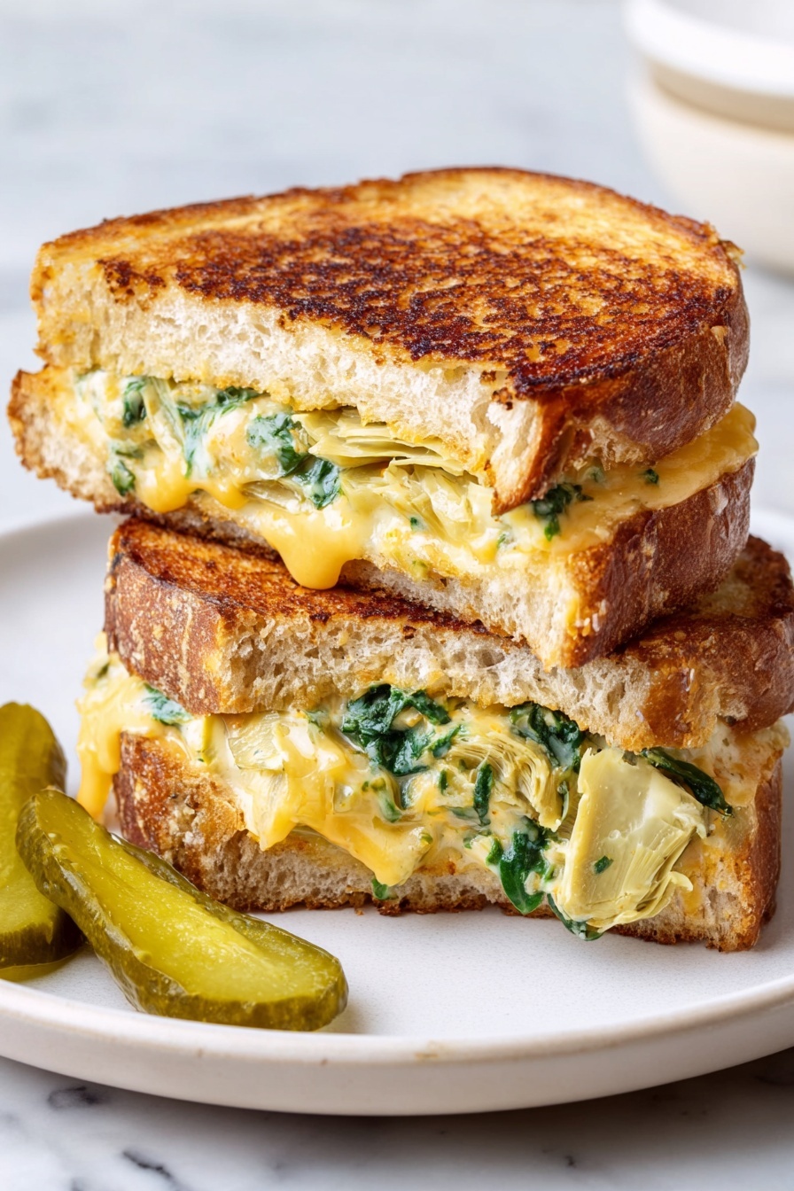 A sandwich with spinach and artichoke.
