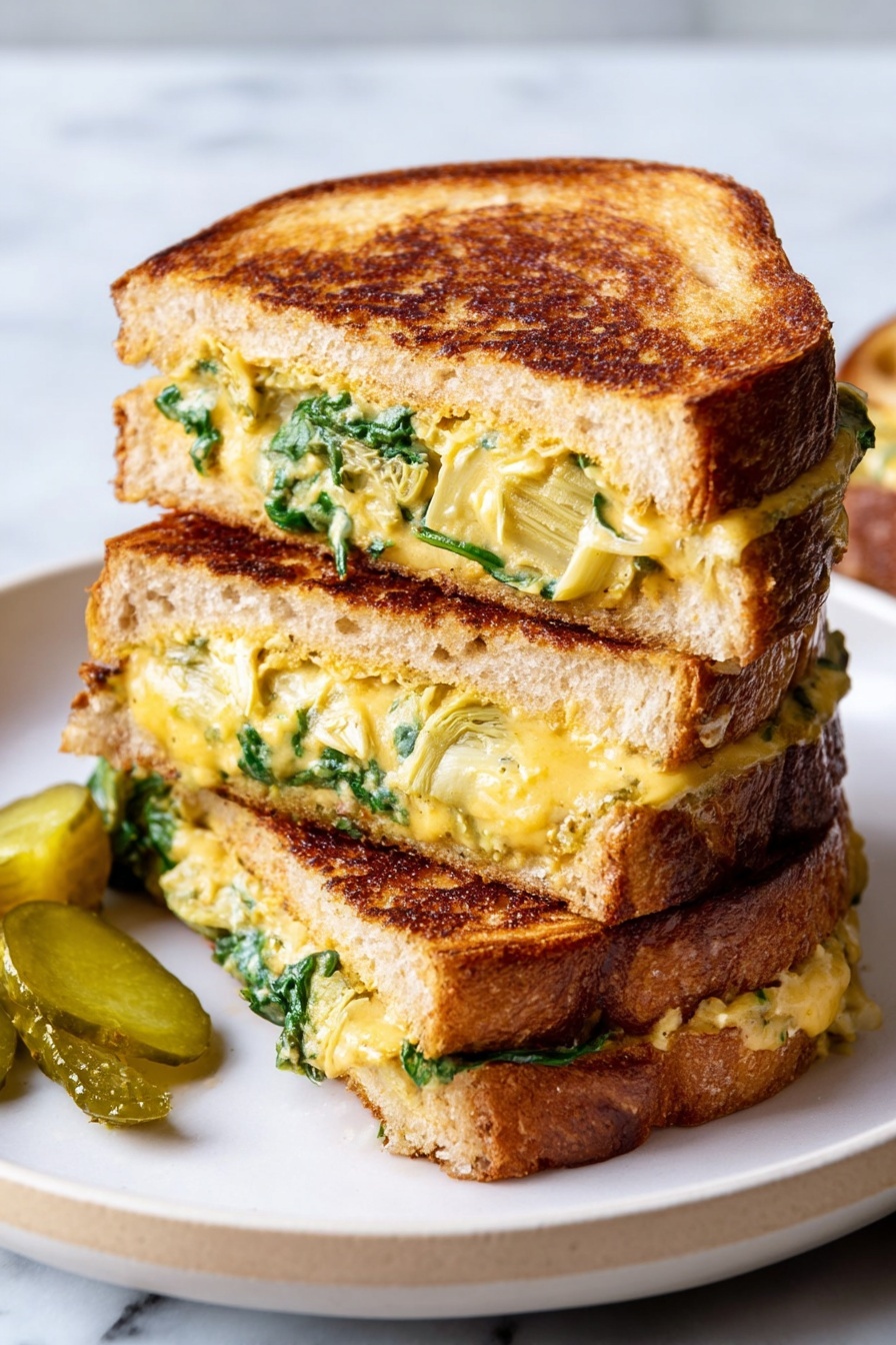 A stack of three grilled sandwiches with spinach and artichoke filling.
