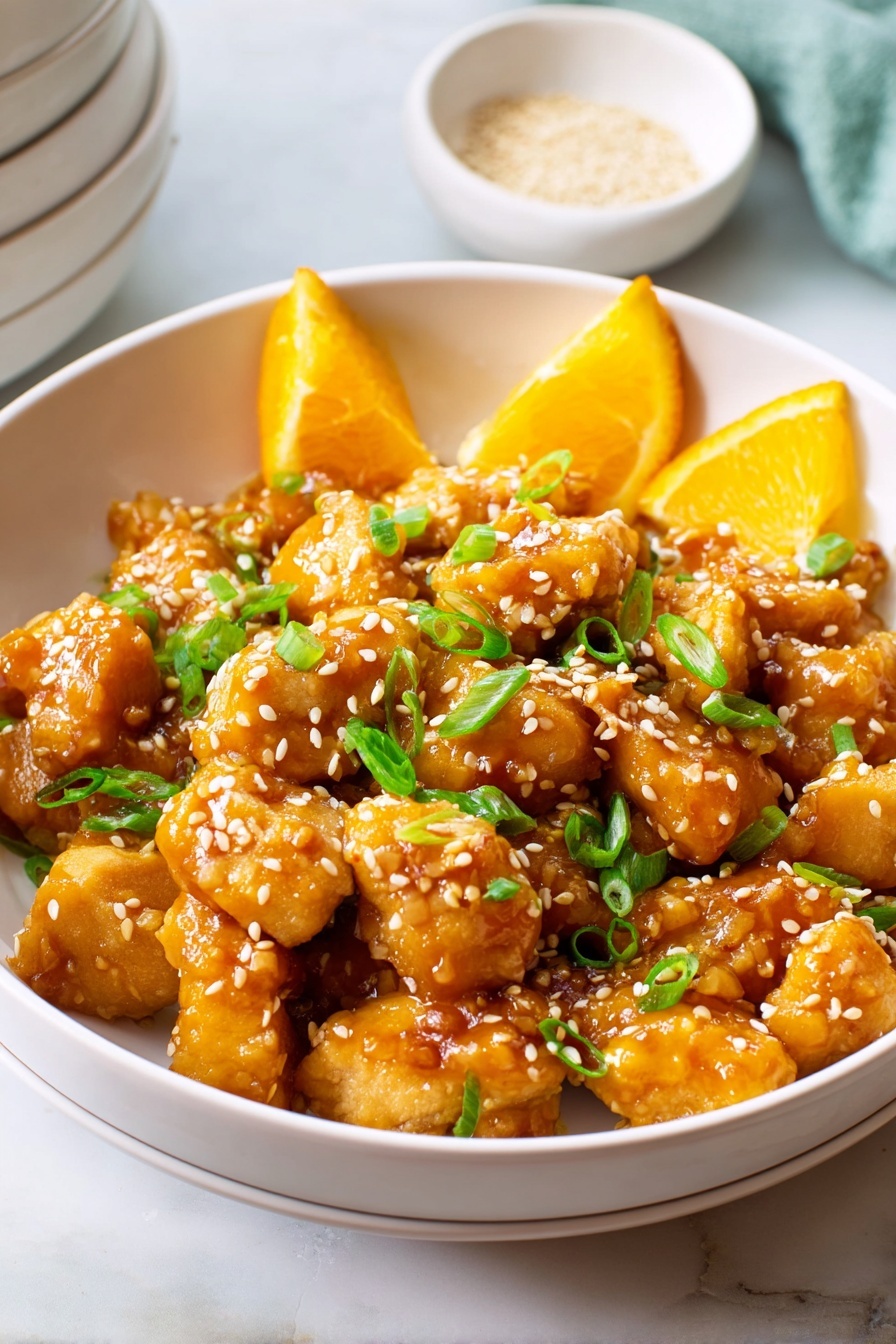 A bowl of orange chicken with a slice of orange on top.